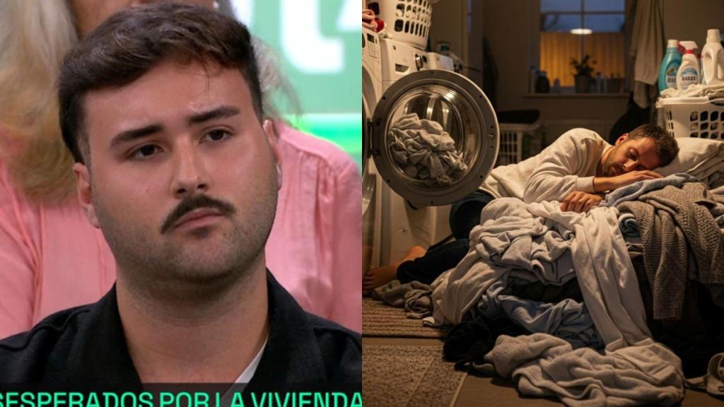 Imagen de Sergio Pro y una imagen generada por IA de un joven durmiendo en un lavadero.
