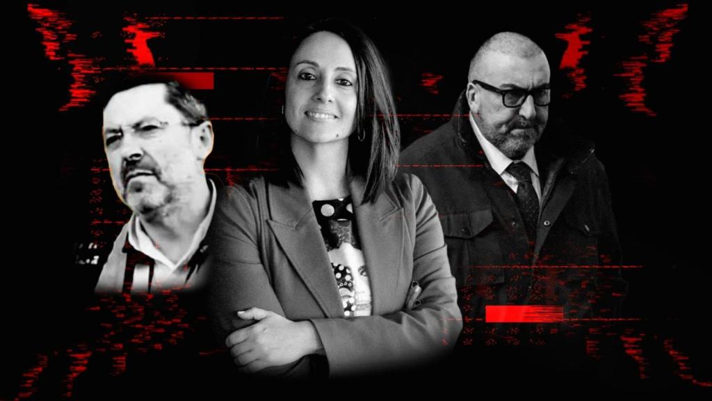El constructor José Ruz, la secretaria de Organización del PSOE Rebeca Torro y el exasesor de José Luis Ábalos en el Ministerio de Transportes Koldo García, en una ilustración.