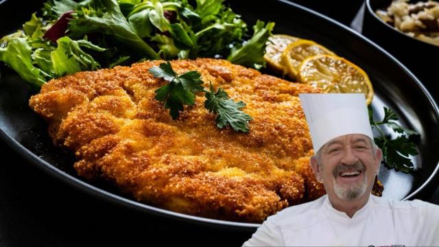 El chef Karlos Arguiñano junto a un filete empanado.