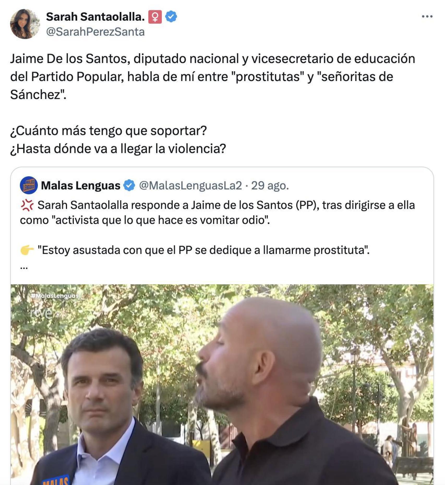 Tuit de respuesta de Sarah Santaolalla a Jaime de los Santos (PP).