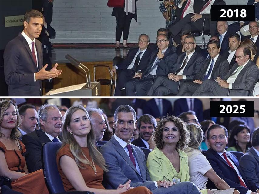 Arriba: Imagen del evento de inicio de curso de Pedro Sánchez en 2018 con José María Álvarez-Pallete o Florentino Pérez. Abajo, imagen del evento de inicio de curso del presidente del Gobierno este 2025.