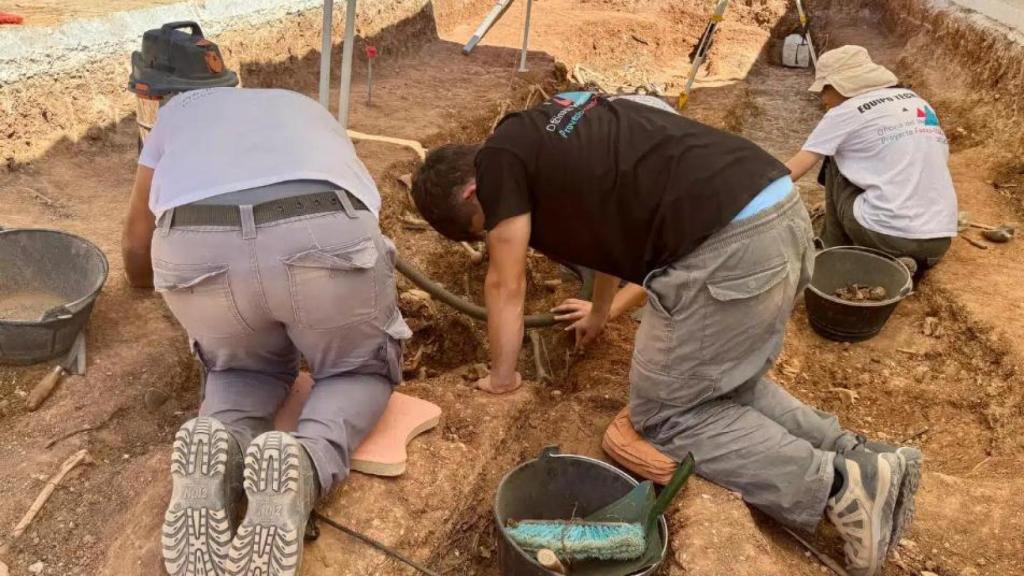 Personas trabajando en la exhumación de restos en una fosa común en Campillos