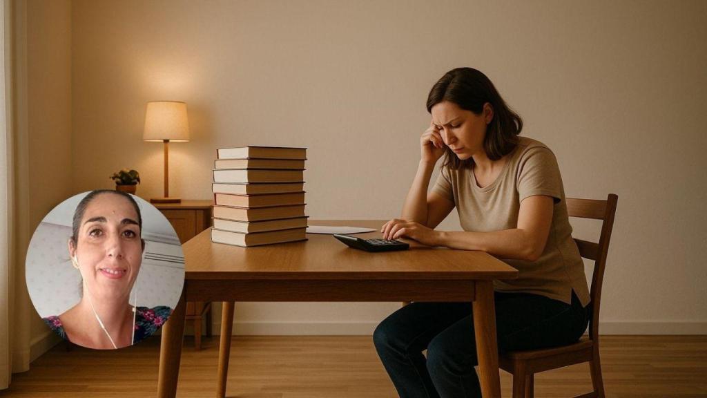 Fotomontaje de Maribel, madre con dos hijos, y una imagen de una mujer calculando el precio de los libros.