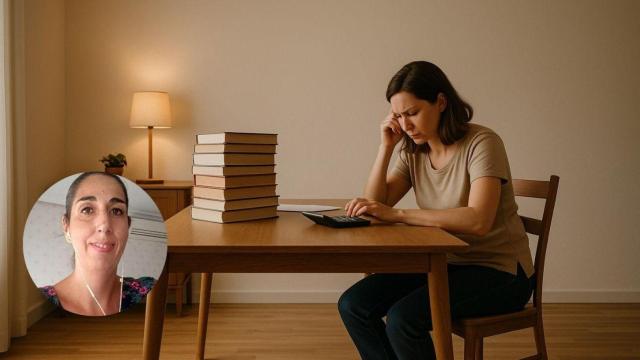 Fotomontaje de Maribel, madre con dos hijos, y una imagen de una mujer calculando el precio de los libros.