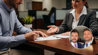 Montaje con hombre firmando una hipoteca y Andrés Millán y Miguel Benito, abogados