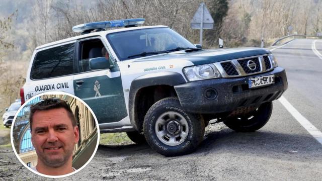 Imagen de un vehículo de la Guardia Civil, y, en el círculo, George D.R., desparecido en Venta de Baños