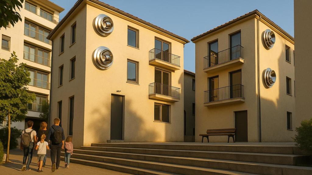 Ilustración de un edificio con varias unidades de HelioCone instaladas en la fachada