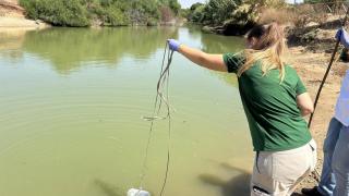 Toma de muestras en la laguna del Parque del Tamarguillo.