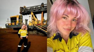 Fotomontaje de Virginia en su trabajo en un campamento de minas en Australia.