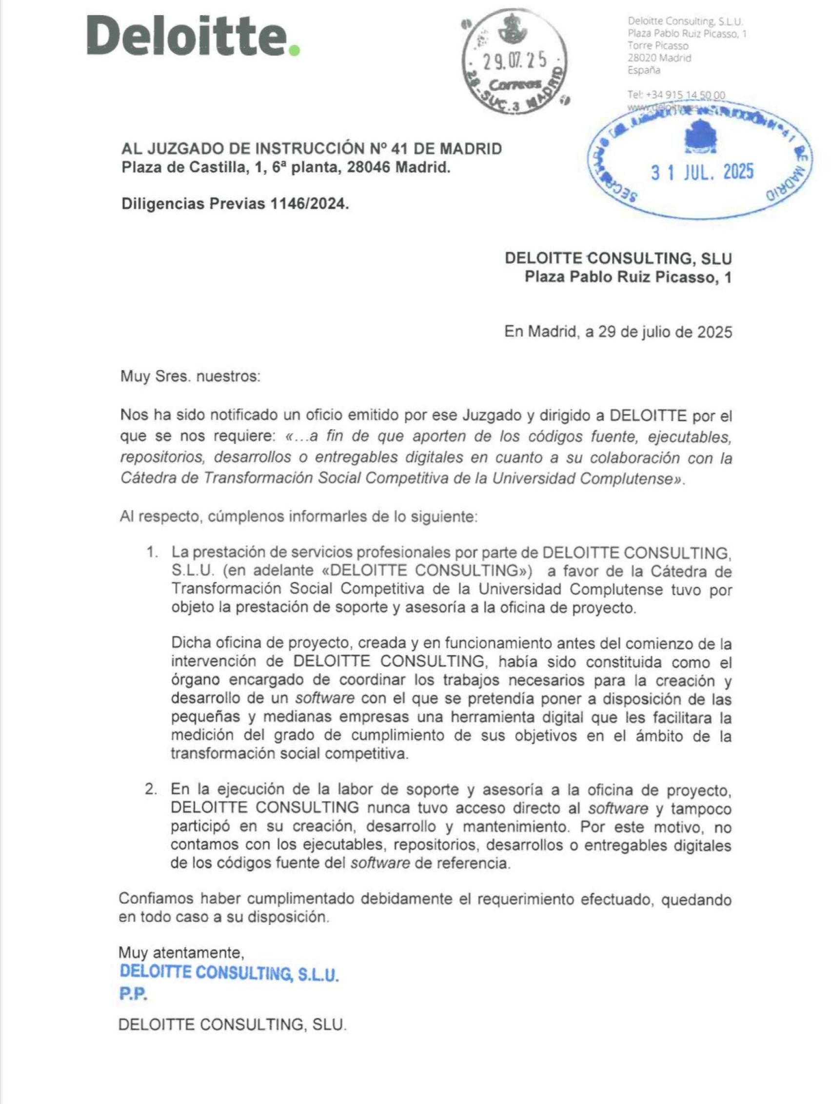 Imagen de la carta remitida por Deloitte.
