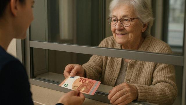 Una mujer pagándole a una empleada 10 euros.
