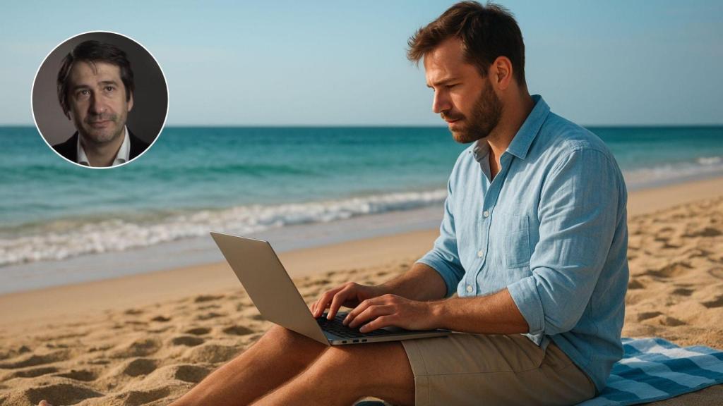 Imagen generada por IA de un hombre teletrabajando desde la playa y Jesús Vega.