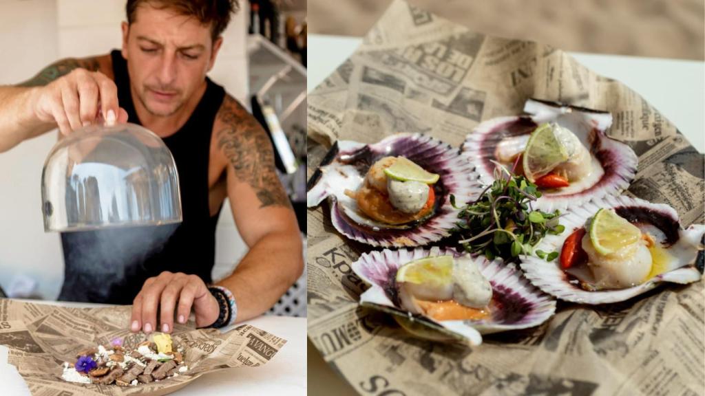 Rodrigo Molinas en el chiringuito Abrazo Beach de Urbanova preparando uno de sus platos.