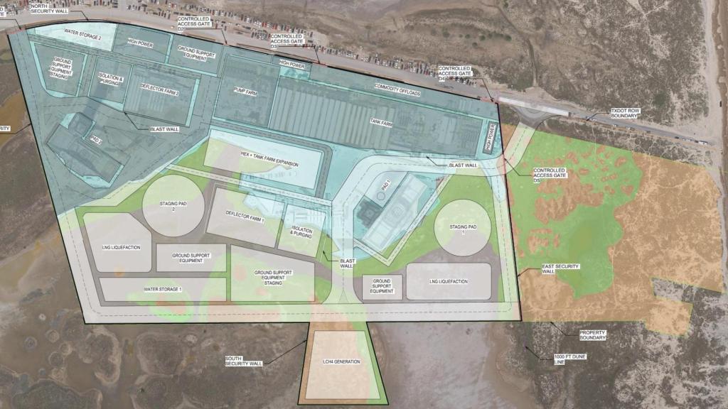 Mapa de la expansión de Starbase, en azul la zona de lanzamiento