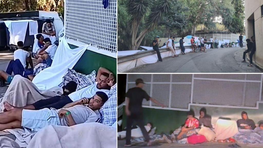 La entrada del CETI abarrotada de inmigrantes.