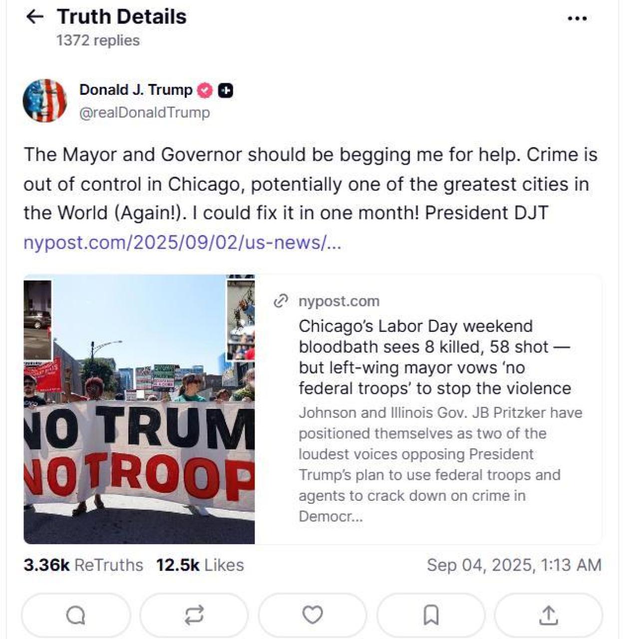 Captura de pantalla de la cuenta de Donald Trump en Truth Social.