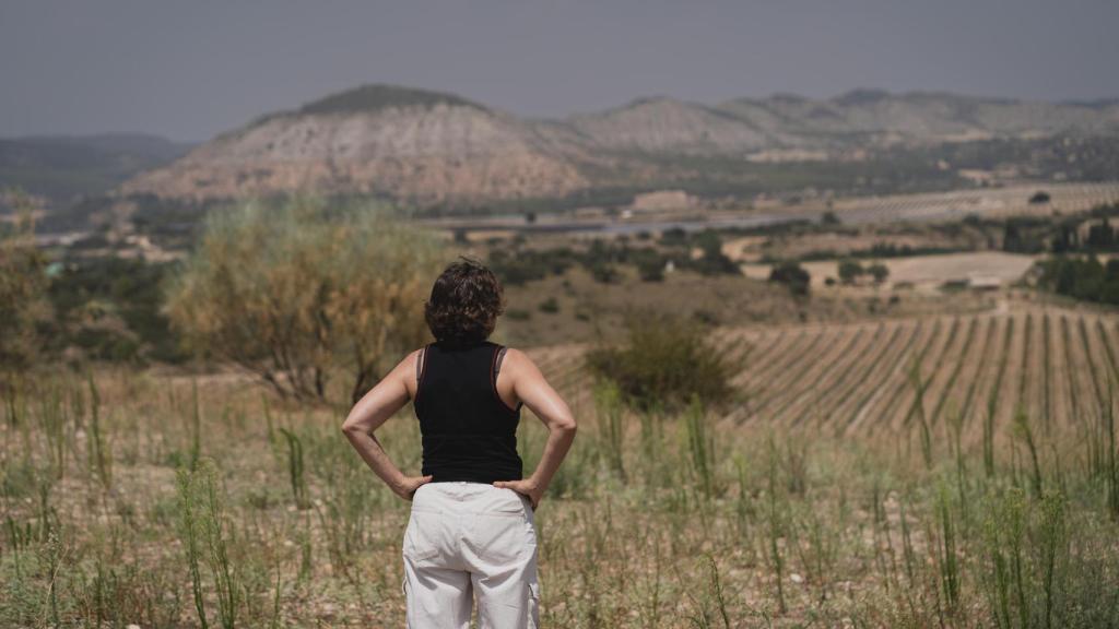 Rosa Pardo, portavoz de Aliente, junto a un campo de placas solares en la provincia de Guadalajara.