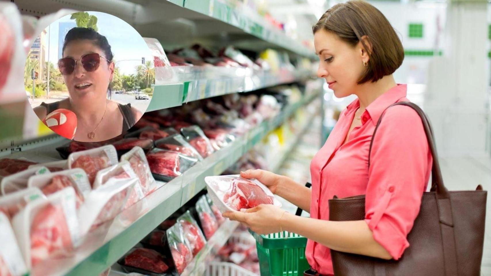 Fotomontaje de Nieves y una mujer comprobando el precio de la carne en un supermercado.