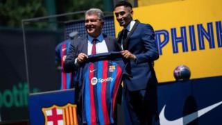 Joan Laporta, en la presentación del fichaje de Raphinha con el Barça