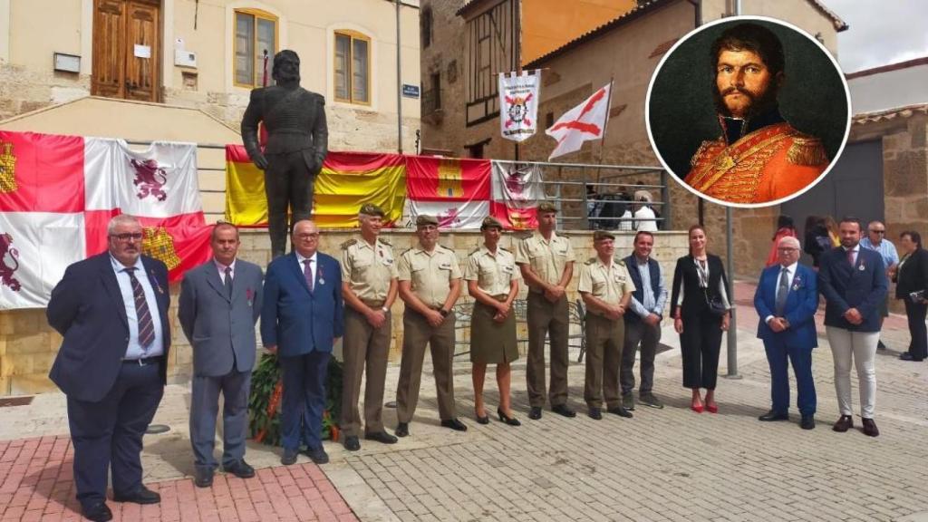 Un homenaje a El Empecinado en el municipio vallisoletano de Castrillo de Duero y una imagen del guerrillero, en un montaje de EL ESPAÑOL