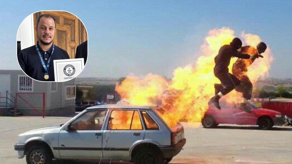 Montaje de Cristian Gutiérrez con una imagen de uno de sus trabajos como especialista de cine.