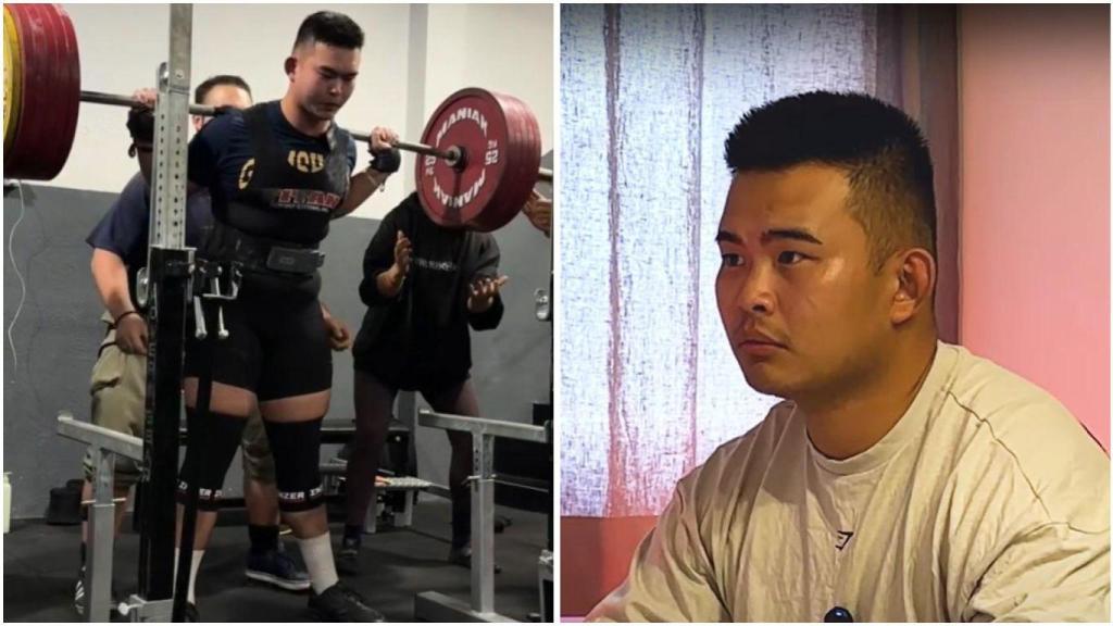 Fotomontaje de Zuhang (Alejandro en España) mientras levanta 300 kilos.