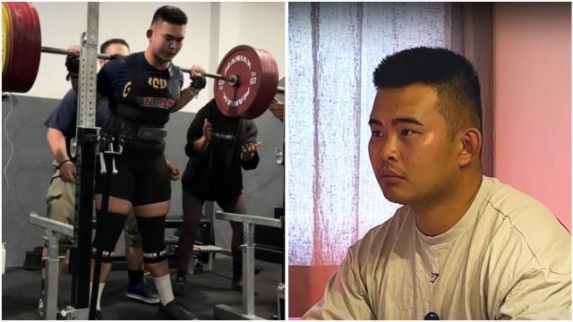 Fotomontaje de Zuhang (Alejandro en España) mientras levanta 300 kilos.