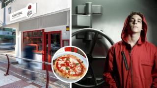 Una imagen de la pizzería, de Río en la Casa de Papel y de una de sus pizzas.