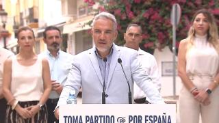 El vicesecretario de Coordinación Autonómica y Local del PP, Elías Bendodo, este domingo desde Benalmádena (Málaga).