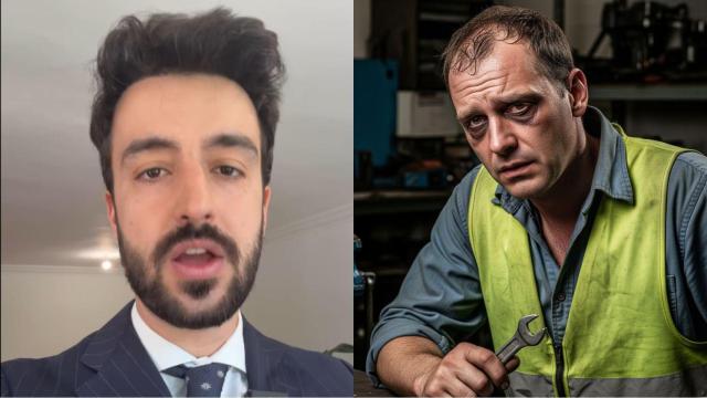 Imagen de Miguel Benito y una imagen generada por IA de un trabajador enfermo.