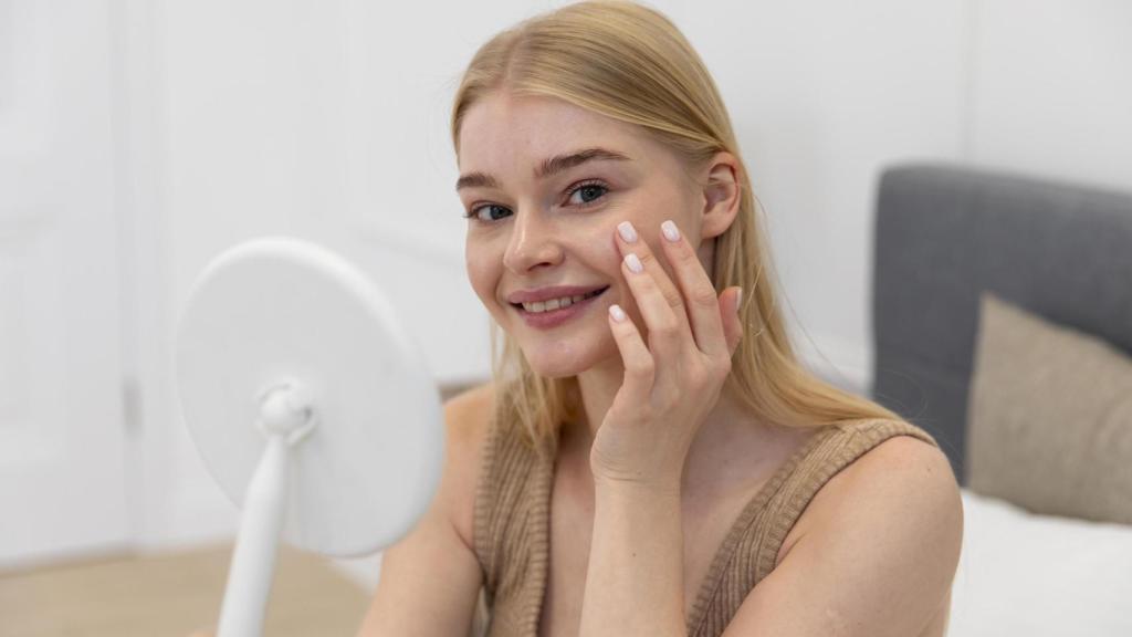 Mujer aplicándose un producto cosmético.