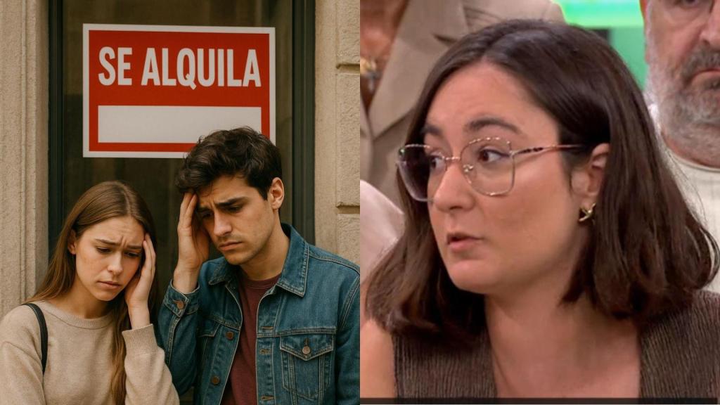 Imagen generada por IA de unos jóvenes y una vivienda en alquiler, y a la derecha Pilar Blasco.