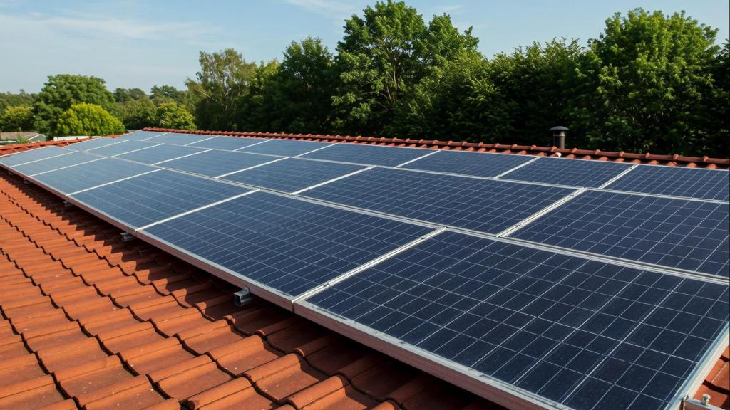 Una imagen de archivo de un tejado con placas solares.