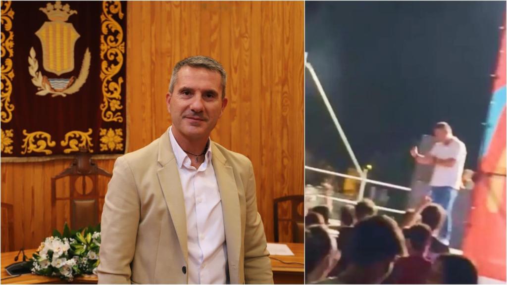 Martín Pérez, concejal de Seguridad Ciudadana de Moncada; y a la derecha, una imagen del momento en el que se lanza contra unos jóvenes. EE