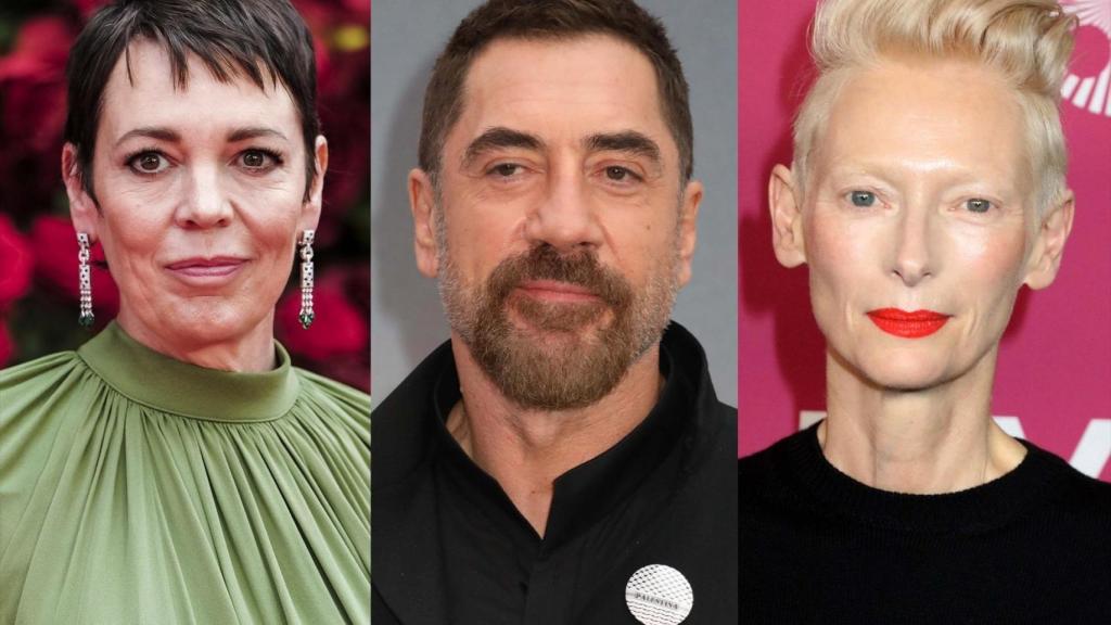 De izquierda a derecha: Olivia Colman, Javier Bardem, Tilda Swinton. Montaje: Europa press.