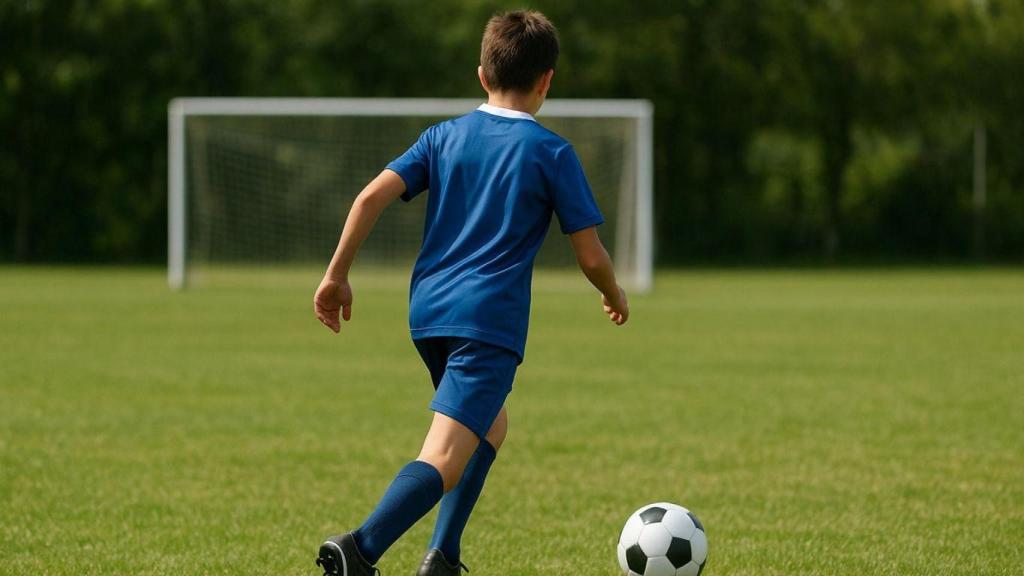 Niño jugando al fútbol.