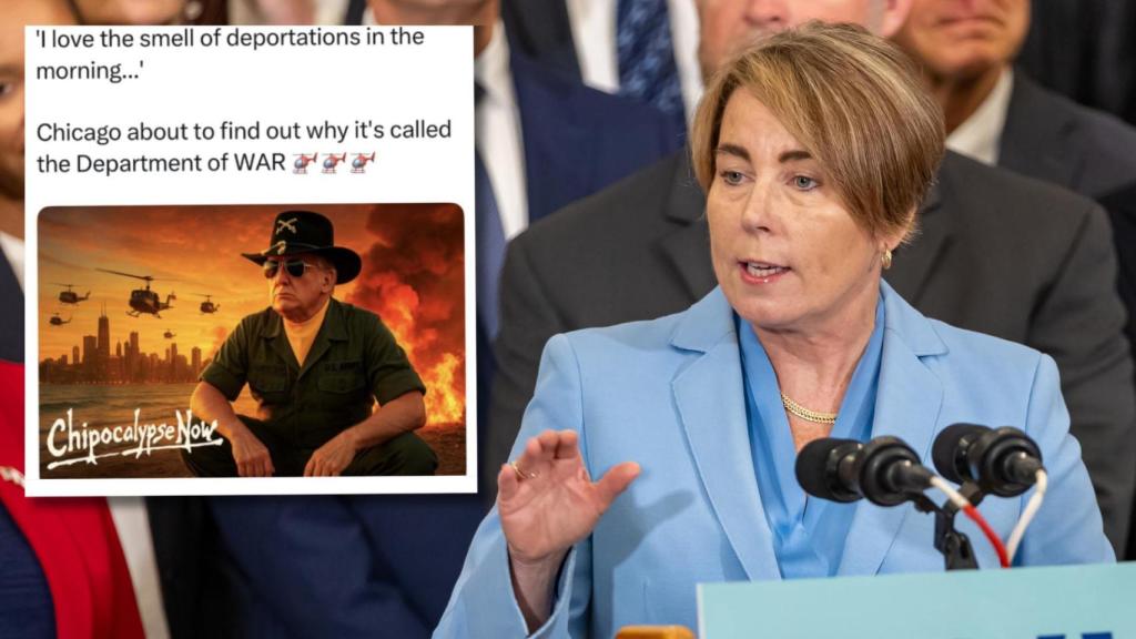 La gobernadora Maura Healey en la Iniciativa de Descubrimiento, Investigación e Innovación para una Economía Vibrante (DRIVE) en la Casa de Gobierno / Meme compartido de Donald Trump