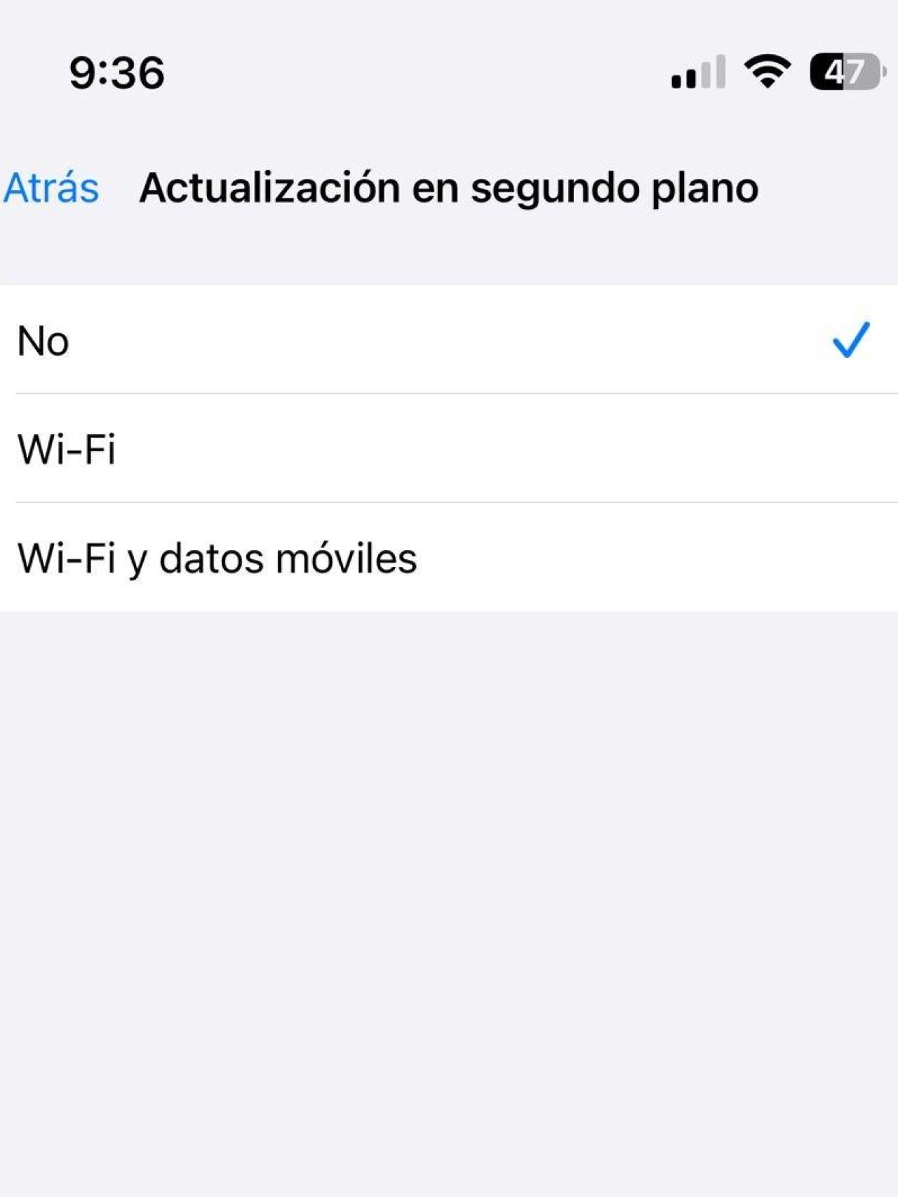 Panel de actualización en segundo plano.