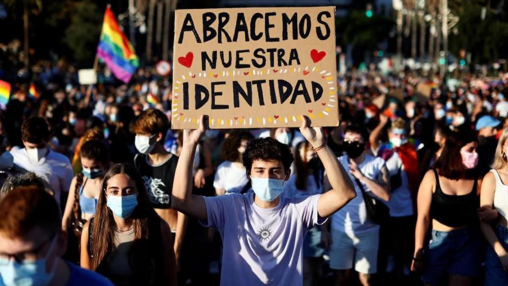 Un joven lleva una pancarta durante una manifestación del Orgullo LGTBI, en Valencia. Foto: Biel Aliño / EFE