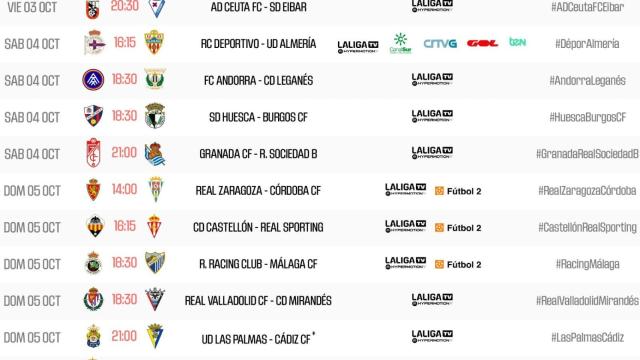 Horarios de la jornada 8 de Segunda División 2025-2026