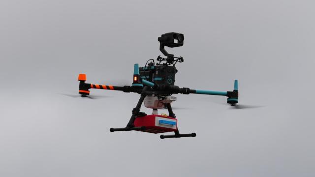 El dron llevando un desfibrilador externo automático (DEA).