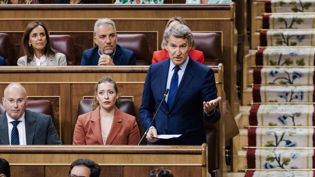 El presidente del PP, Alberto Núñez Feijóo, durante su intervención en la sesión de control del Congreso.