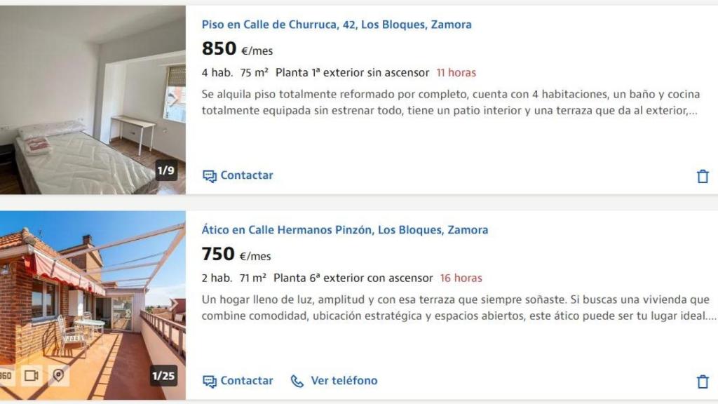 Ejemplos de viviendas en alquiler en Zamora