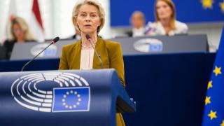 La presidenta Ursula von der Leyen, durante el discurso sobre el estado de la Unión de este miércoles en la Eurocámara