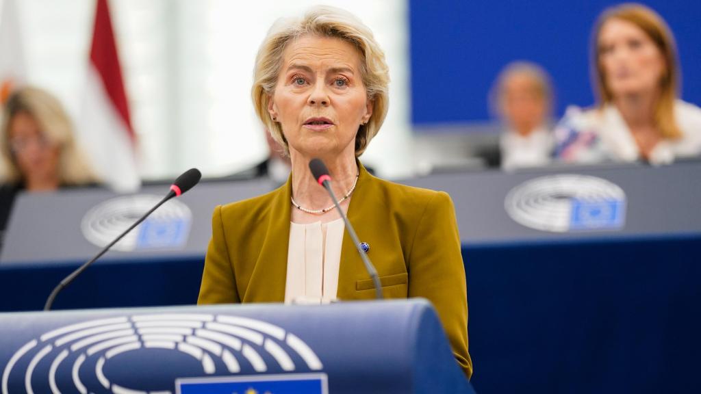 La presidenta Ursula von der Leyen, durante el discurso sobre el estado de la Unión de este miércoles en la Eurocámara