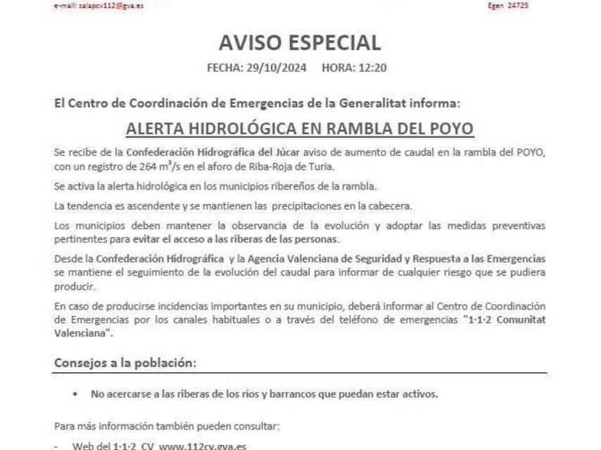 Alerta hidrológica en el Poyo del 29 de octubre. EE