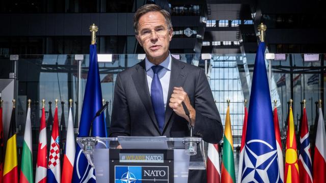 El secretario general de la OTAN, Mark Rutte, durante su rueda de prensa de este miércoles en Bruselas