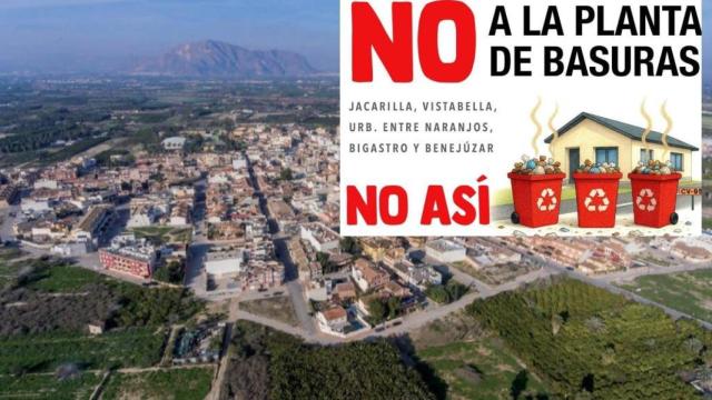 Cartel que cuelga en muchas casas de los tres municipios de la Vega Baja alicantina contra la planta de residuos, sobre una imagen de Jacarilla.
