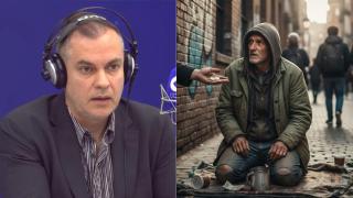 Imagen de Adrián Díaz y una imagen generada por IA de una persona pidiendo limosna.