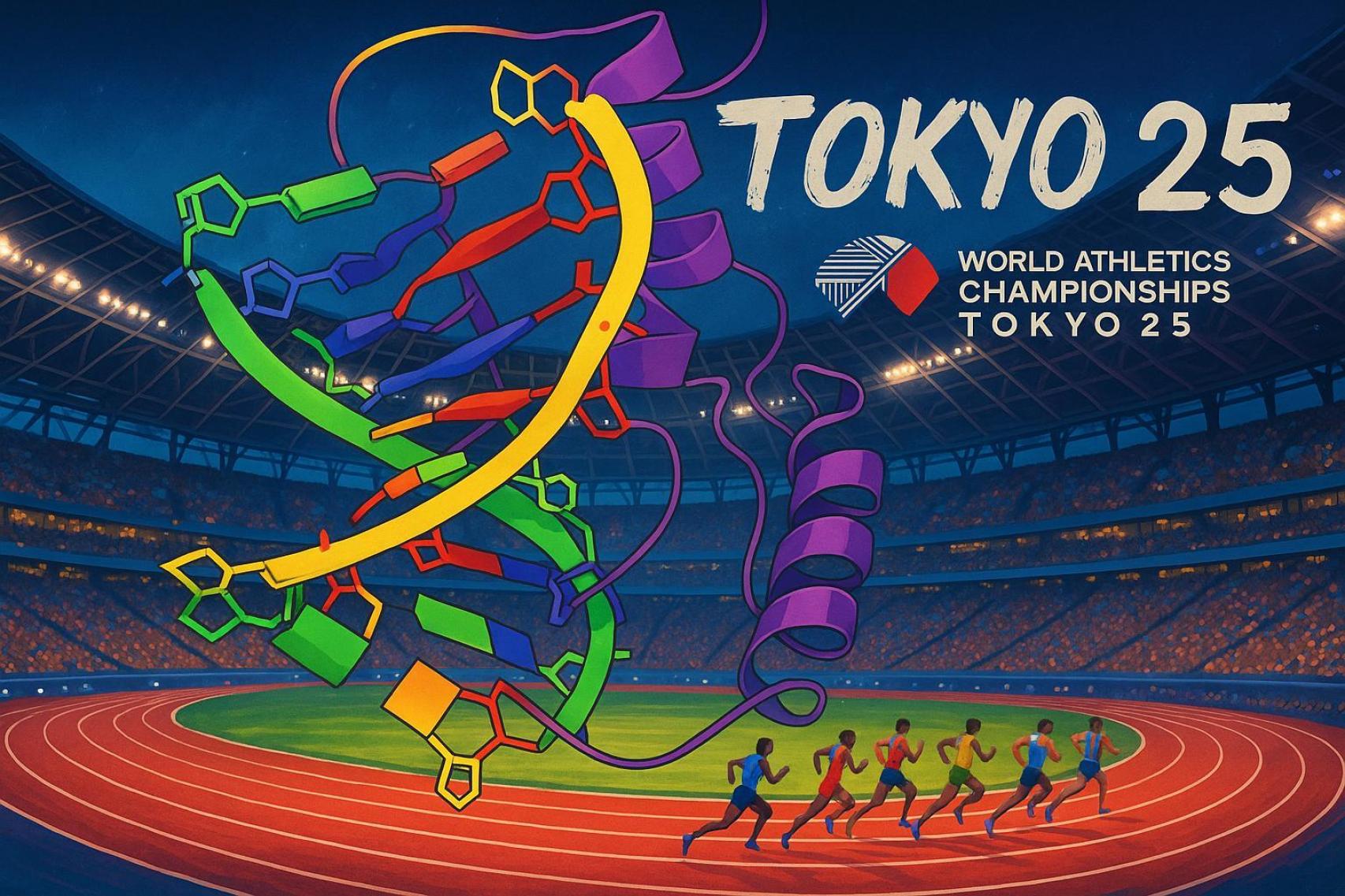 Ilustración de la estructura molecular de la proteína SRY y una pista de atletismo